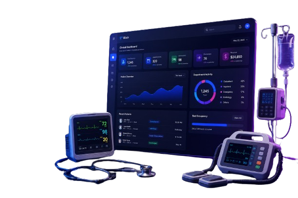 Elixir clinical dashboard connected to hospital equipment, including a patient monitor, IV stand, and defibrillator