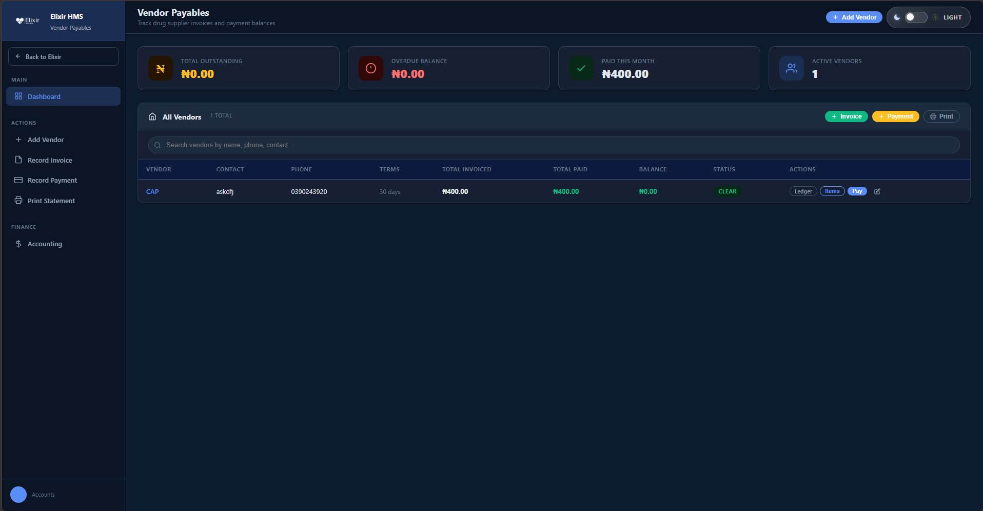 Elixir vendor payables tracking screen